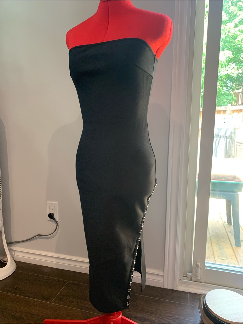 Fashion Nova Black Strapless Midi Pencil Skirt with Side Button Trim